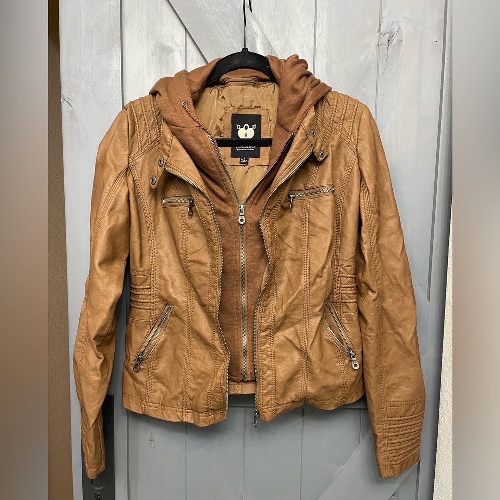 Faux leather jacket with detachable hood. Worn once.